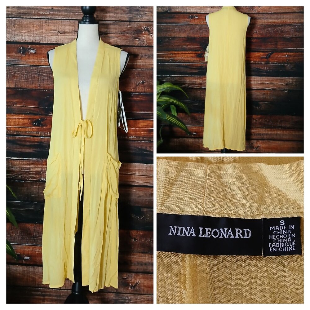 NWT Nina Leonard Maxi Duster Vest S Canary Yellow Rayon Crepe Tie Front